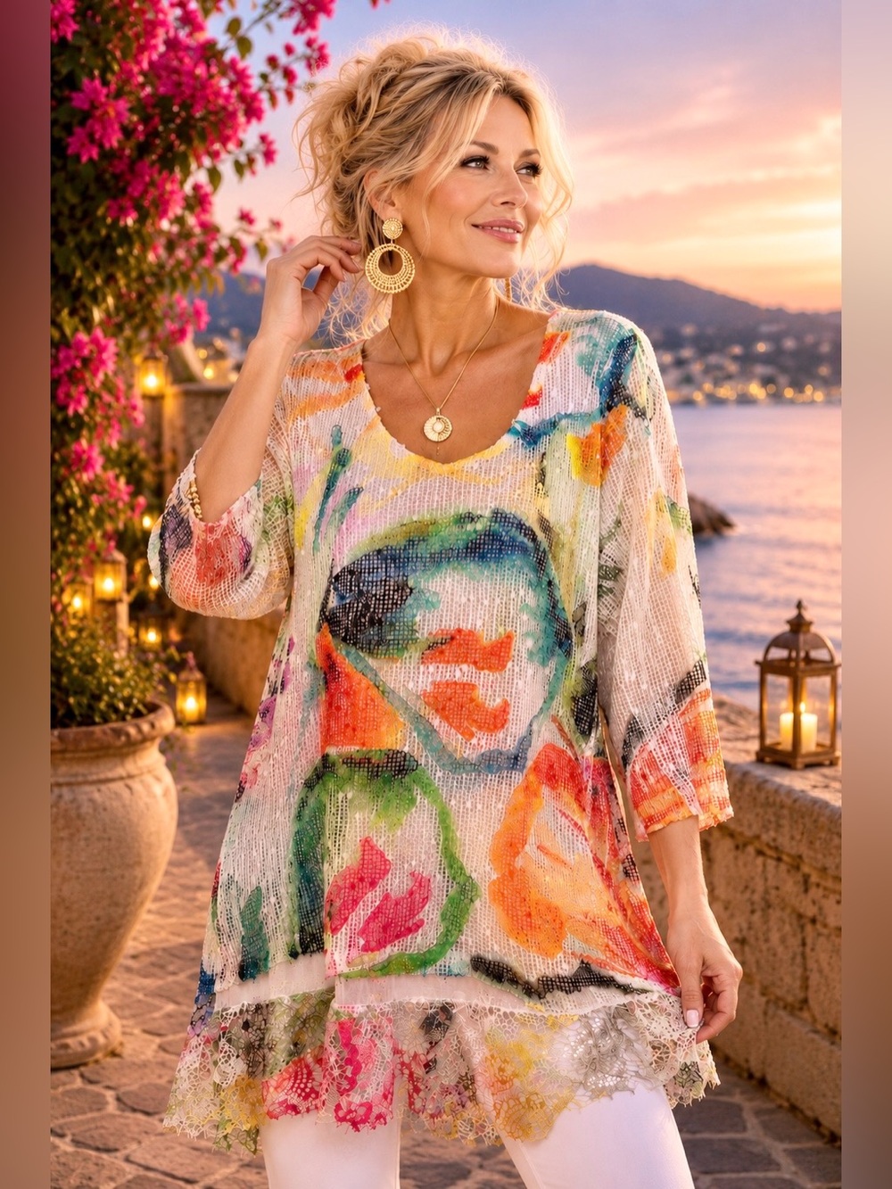 Impulse California Mesh Lace Tunic Top | Size Large | Abstract Floral | Boho Art